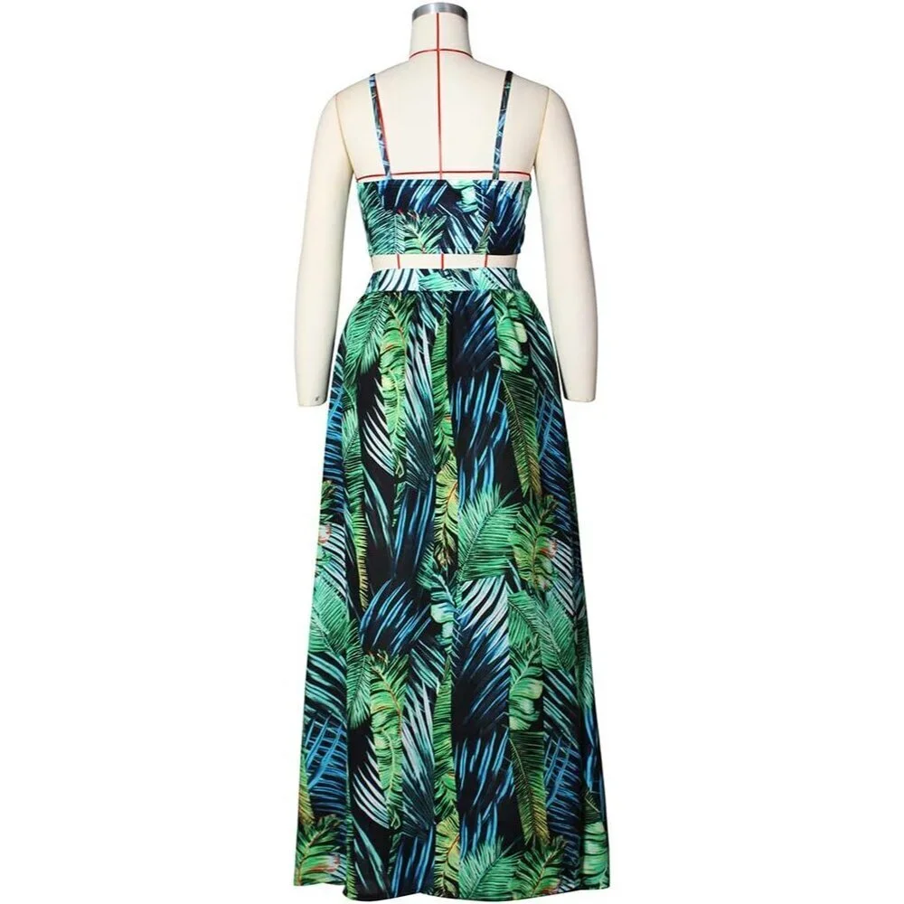 Women's Bohemian Chiffon 2 Piece Set Crop Cami Top & Maxi Dress Large - Picture 6 of 6